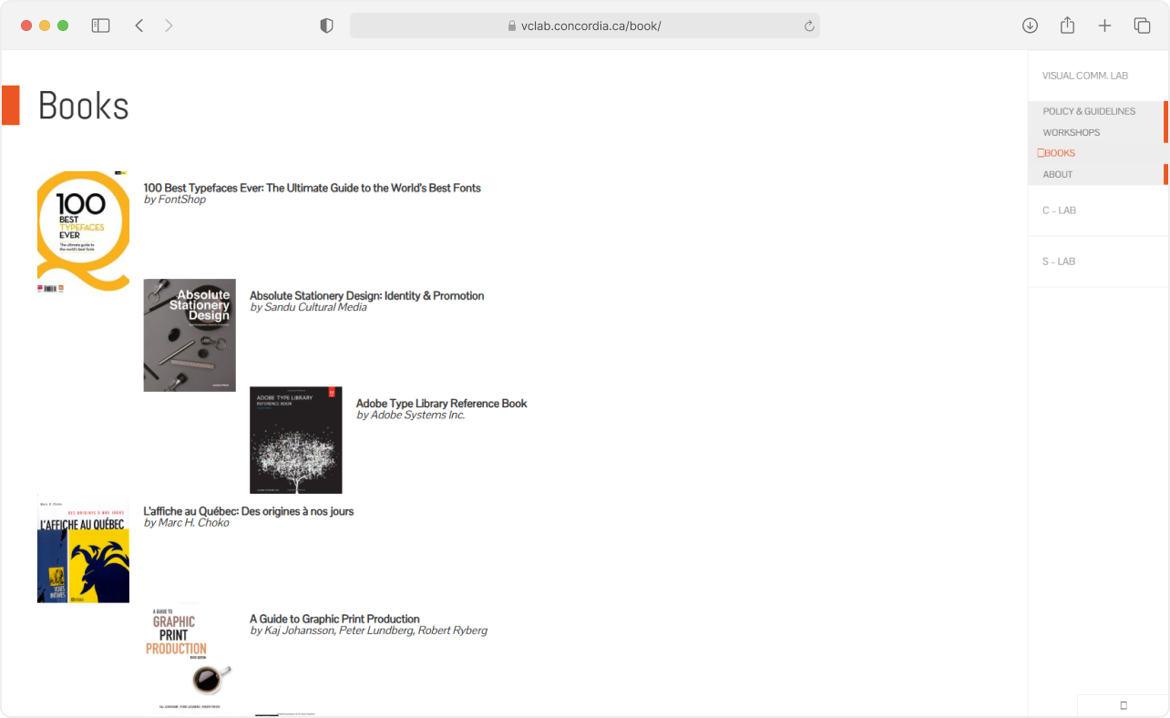 Screenshot from Visual Communication Lab - Book List