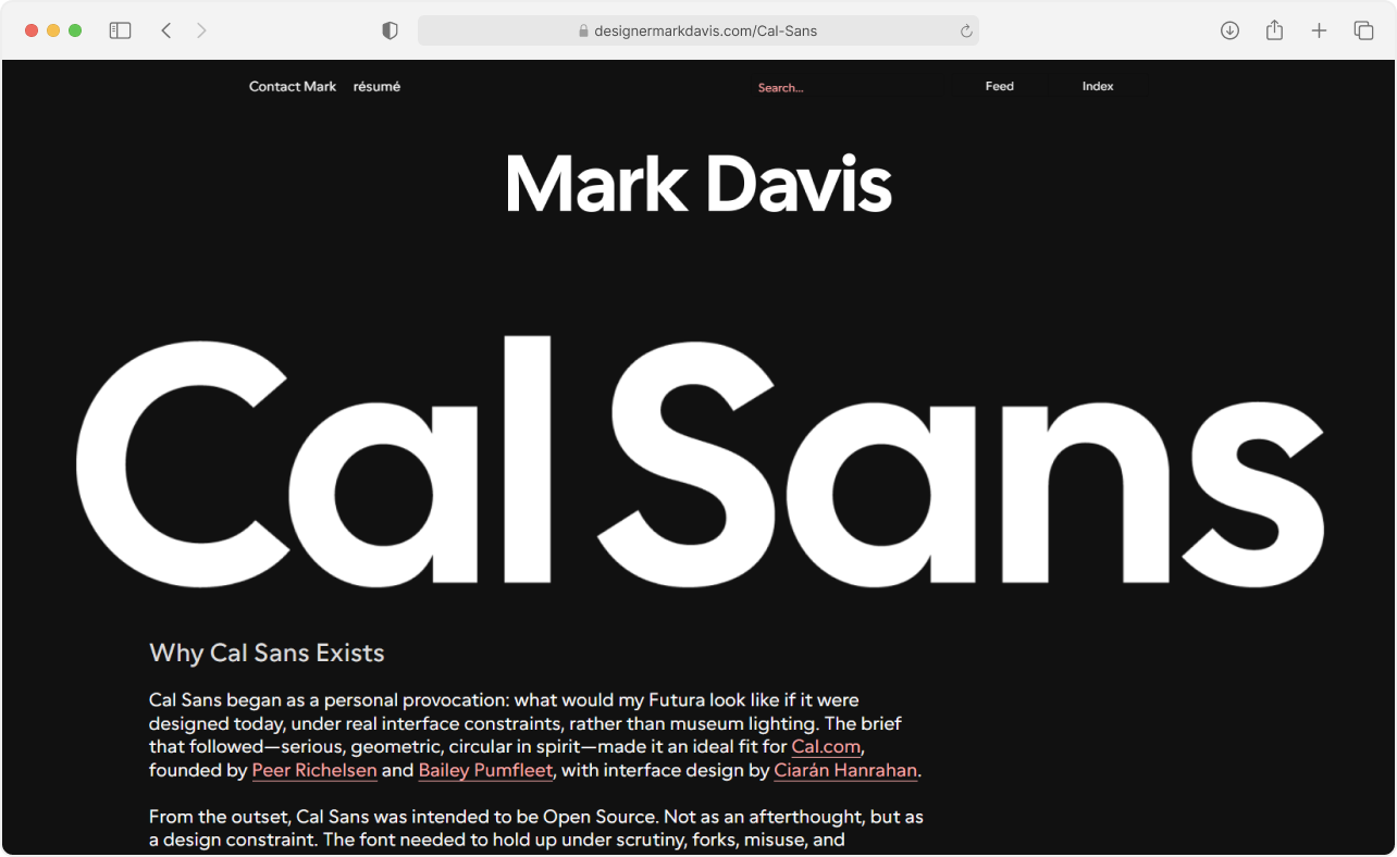 Screenshot of the Cal Sans page on designer Mark Davis’s website