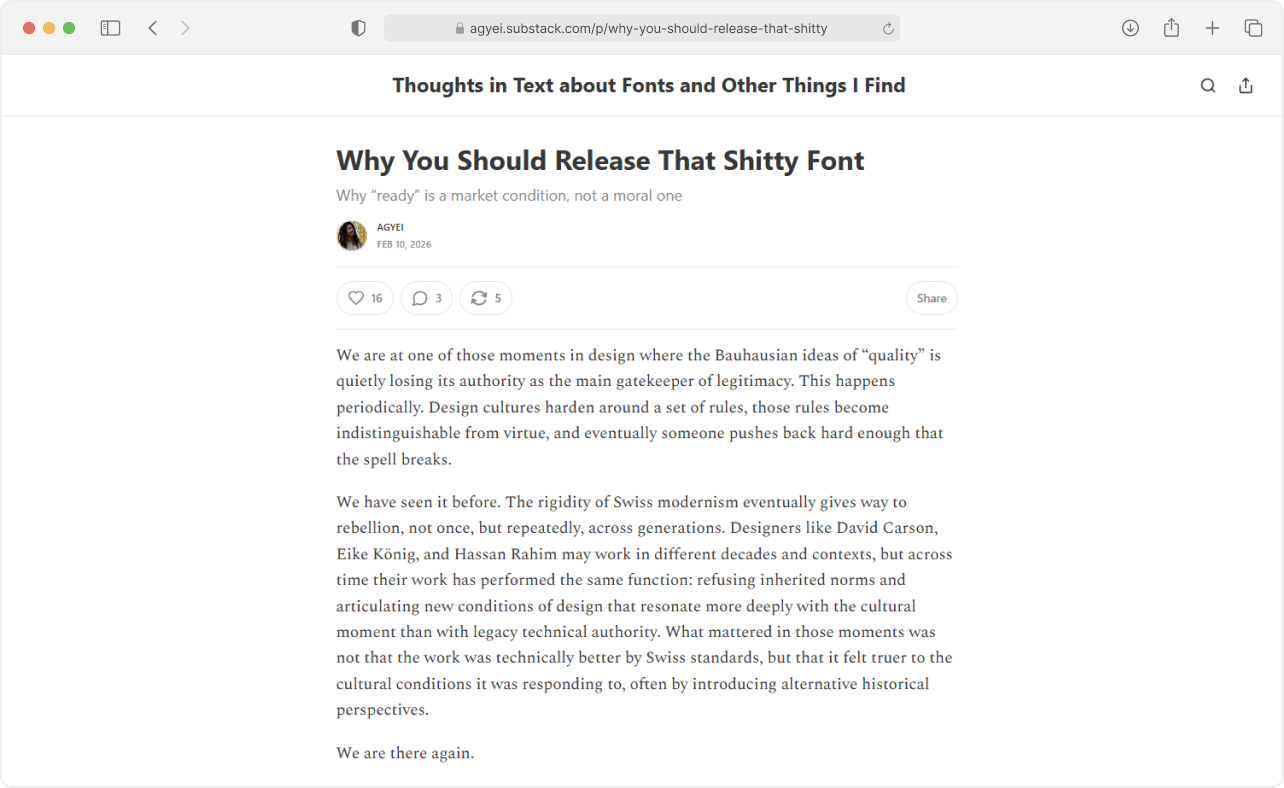 Screenshot of the Why You Should Release That Shitty Font article